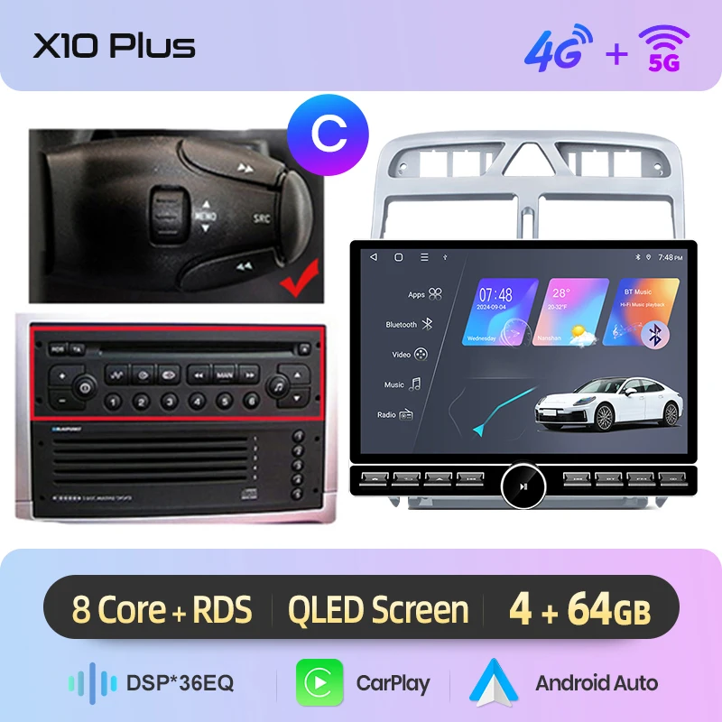 Junsun 13.1″ QLED Draadloze CarPlay Android Auto Autoradio Voor Peugeot 307 CC SW 2002-2013 Intelligente Systemen DSP SWC RDS GPS FM