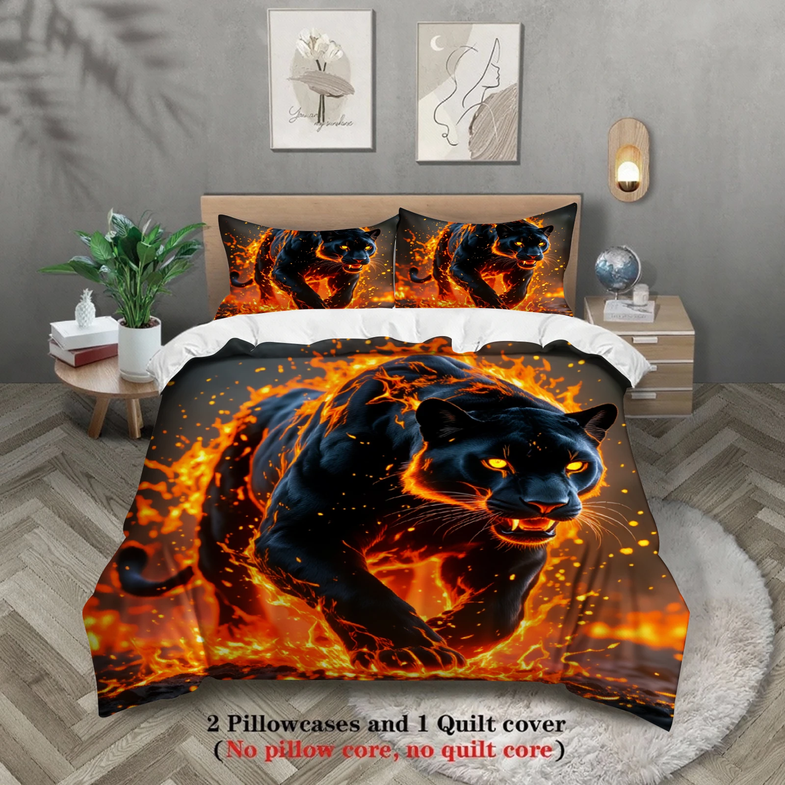 3pcs Panther Fire Bedding Sets 3D Printed Black Panther Anti-Slip Durable Duvet Cover Sets With Pillowcases No Filling