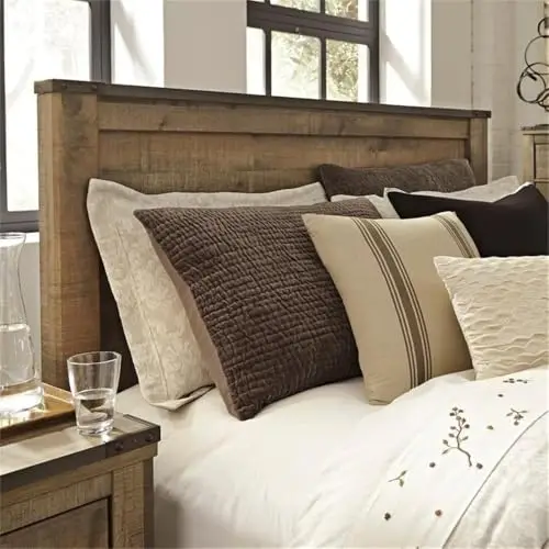 Queen Panel Headboard, Rustic Brown Finish, Replicated Veneer and Engineered Wood, Plank Details with Nailhead Trim