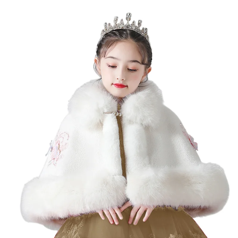 Winter Girls' White Faux Fur Wrap Plush Christmas Shawl Embroidered Flower Applique Jacket Party Dress for 1-14 -Year-old Kids