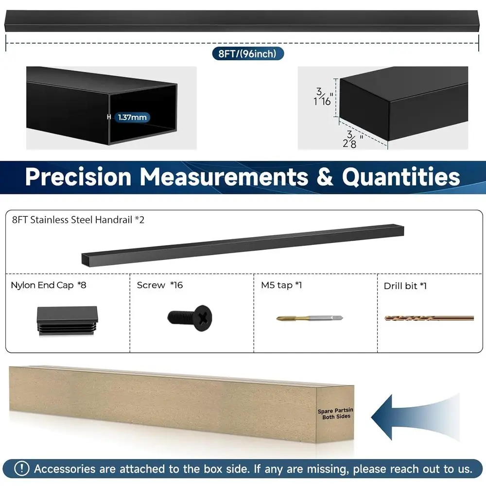 درابزين أسود T304 من الفولاذ المقاوم للصدأ، عبوتان مستطيلة، حاجز علوي مسطح قابل للقطع، 8 أغطية نهاية من النايلون للسطح الداخلي والخارجي S