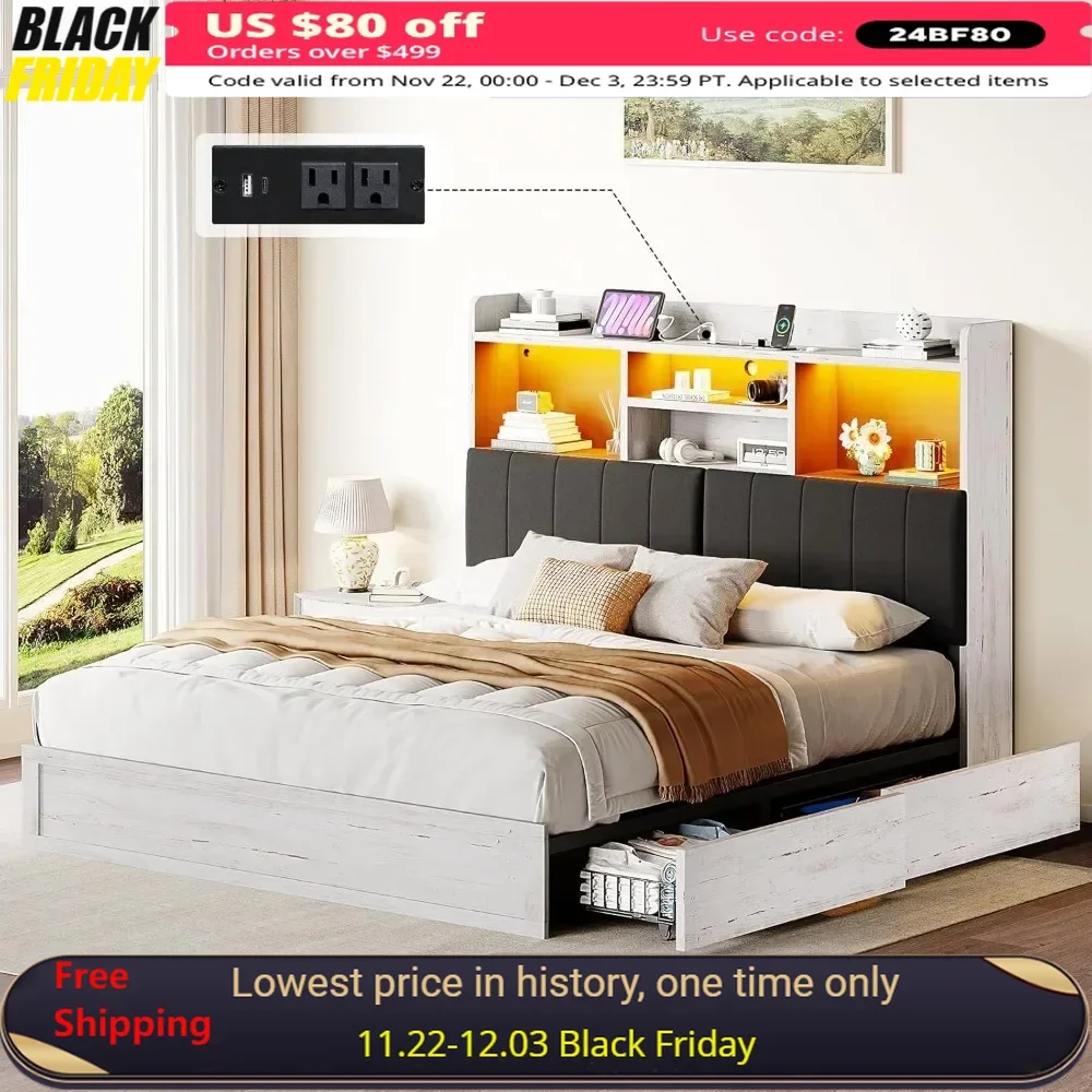 King Bed Frame with Headboard 4 Storage Drawers Charging Station, Wood Slats Support, No Box Spring Needed, LED Bed Frame