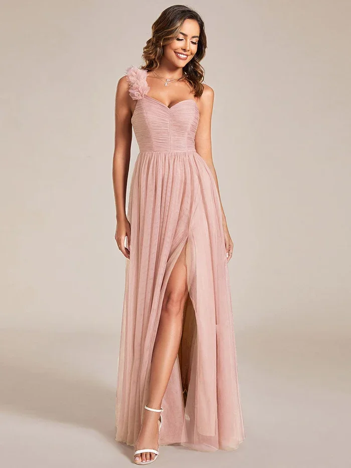 Backless  Pleated Sweetheart Neckline One Shoulder with Floral Tulle High Slit A-Line Long Bridesmaid Dress