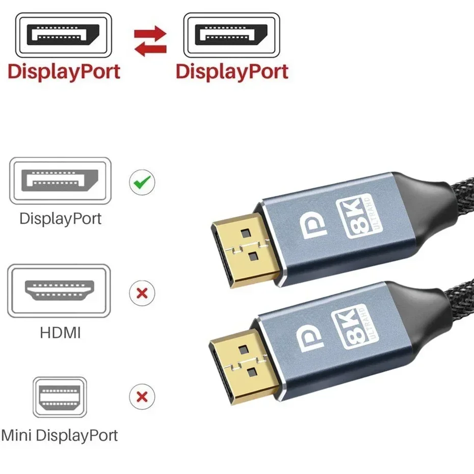 DisplayPort Cable DP 240Hz Cable DP1.4 8K 4K 144Hz 165Hz Display Port Cord Adapter For Video PC Laptop TV 8K Display Port Cable