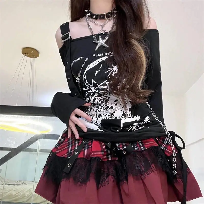 Ruibbit New Arrival Gothic Punk Y2k Drawstring Printed T-shirt for Women Slim Long Sleeve Top