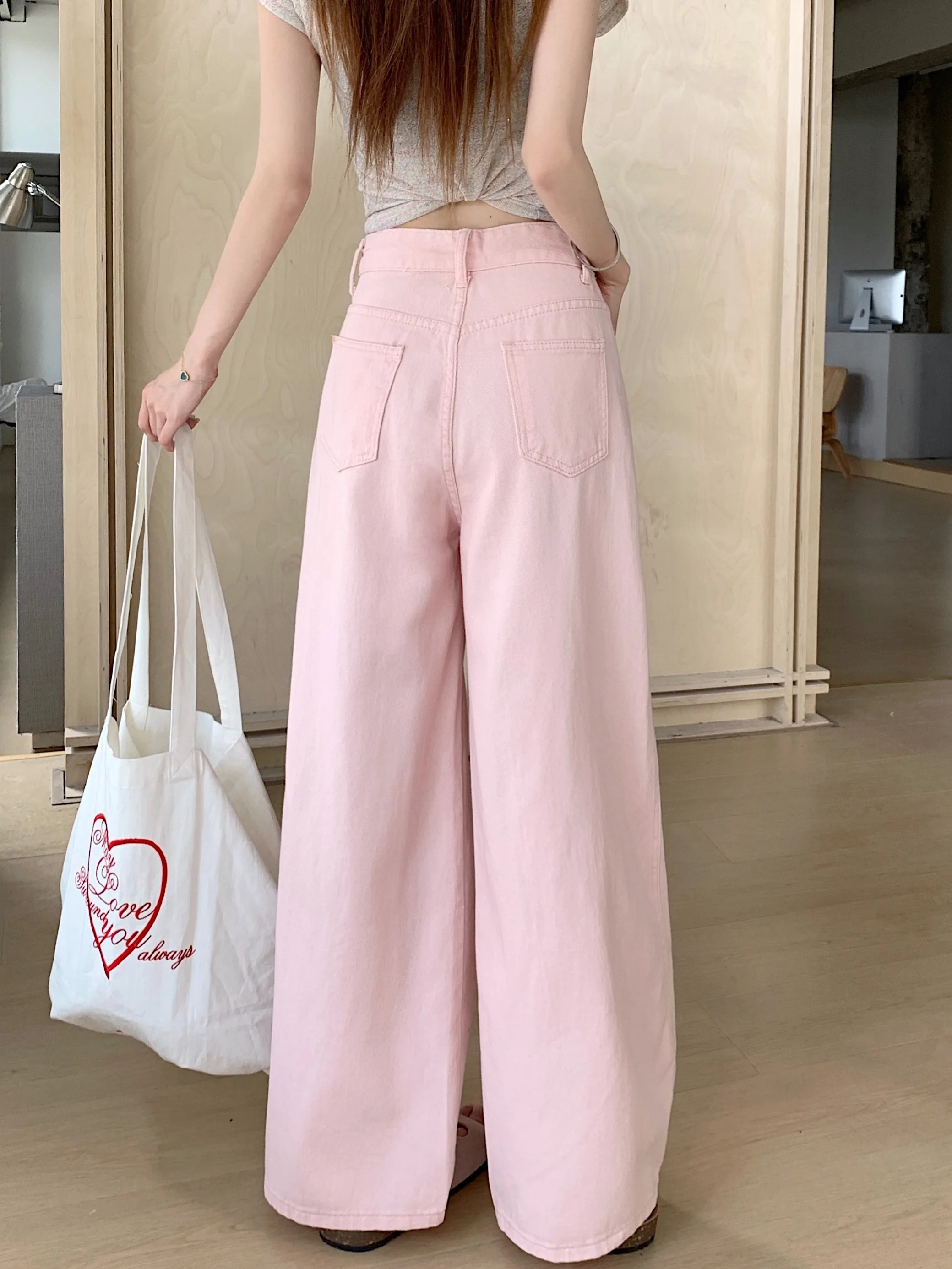 

Pink Wide Leg Jeans Women's Summer Casual High Waist Loose Straight Floor-Length Pants Long Trousers Casual Sle Denim