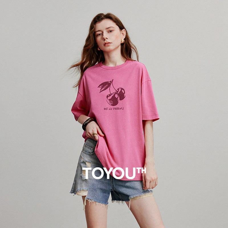 

TOYOUTH Women Short Sleeve T shirt 2025 Summer New Cherry Printed Short Sleeve Tee Tops 8521079