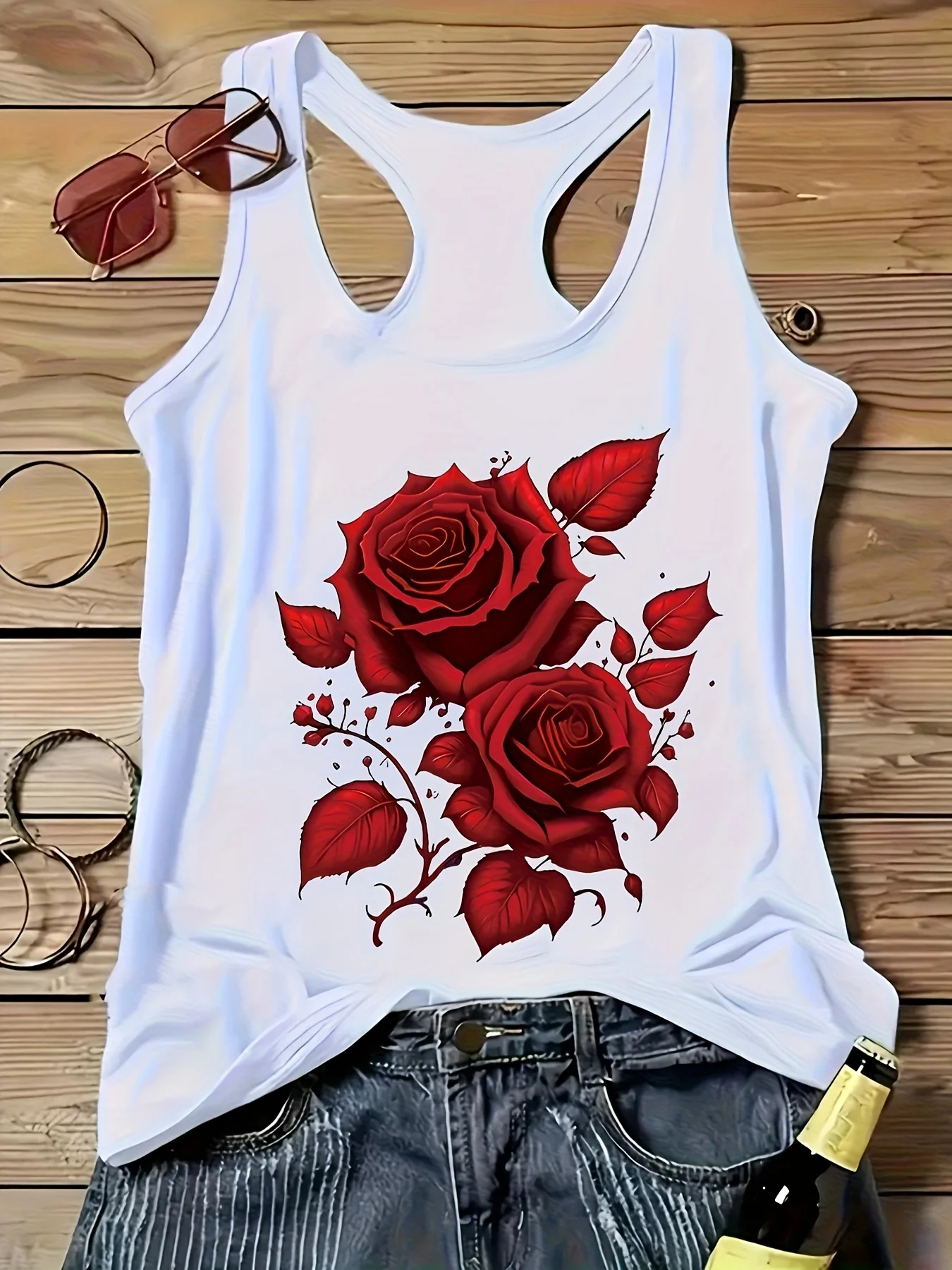 Loose plus size wing pattern printed round neck white vest summer casual sleeveless top women's clothing