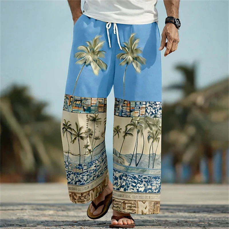 Men's Tropical Palm Tree Print Casual Pants Loose Oversized Fit with Elastic Waistband Spring Fall Beach Vacation Pants