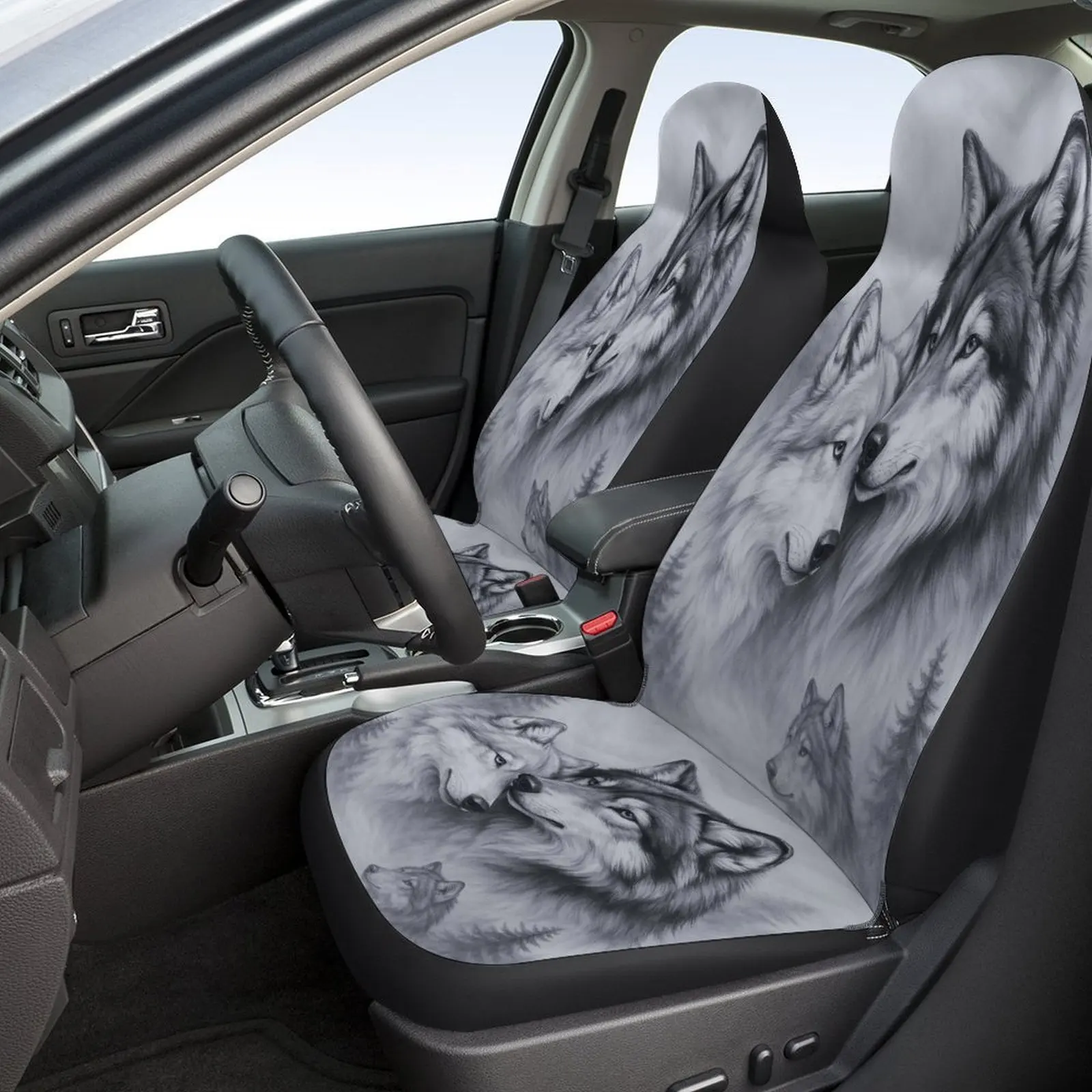 Wolf Pair In Forest Designed Car Seat Cover Set For Most Cars, High-quality Comfortable Car Seat Protector Covers Full Set, Univ