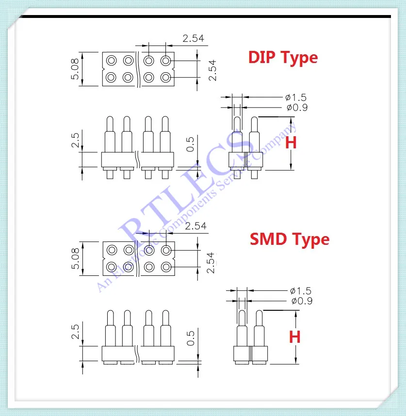 2 Pcs Spring-Loaded Pogo Pin Connector 4 6 8 10 12 14 16 20 Positons Dual Row SMD THT DIP Grid 2.54 MM .1 Inch Power DC