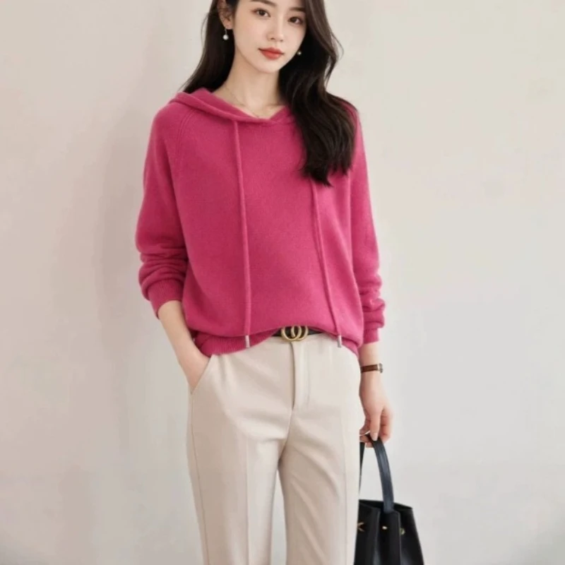 Women's Knitted Hooded Top Solid Drawstring Soft Warm Long Sleeve Pullover Casual Loose Lazy Wind Commuter Versatile Sweaters