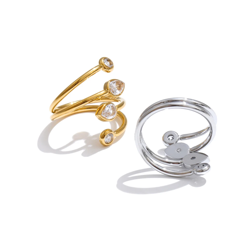Yhpup Edelstahl-Zirkonia-Tropfenring, rund, geschichtet, verstellbar, Neuheiten, Kreativität, Modeschmuck, Geschenk – Detail 3