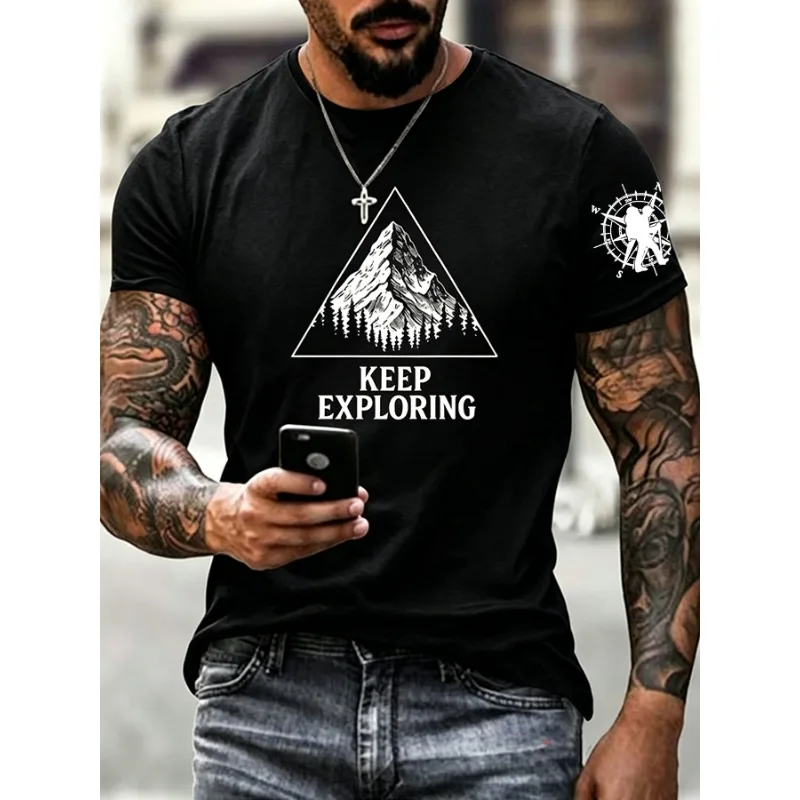 ilstile Men's Keep Exploring Print T-Shirts Summer Short Sleeve Casual Outdoor Round Neck Tops Black White Green Tees NEW