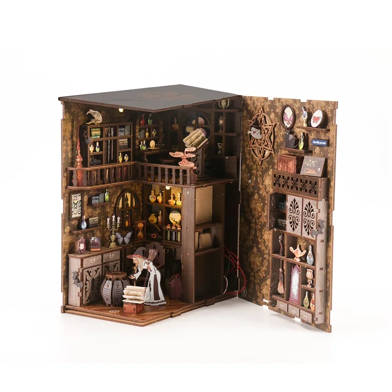 DIY Wooden House Book Nook Kit Wooden 3D Puzzle Bookshelf Insert Decor Dollhouse Model Bookend Building Home Decoration Gifts