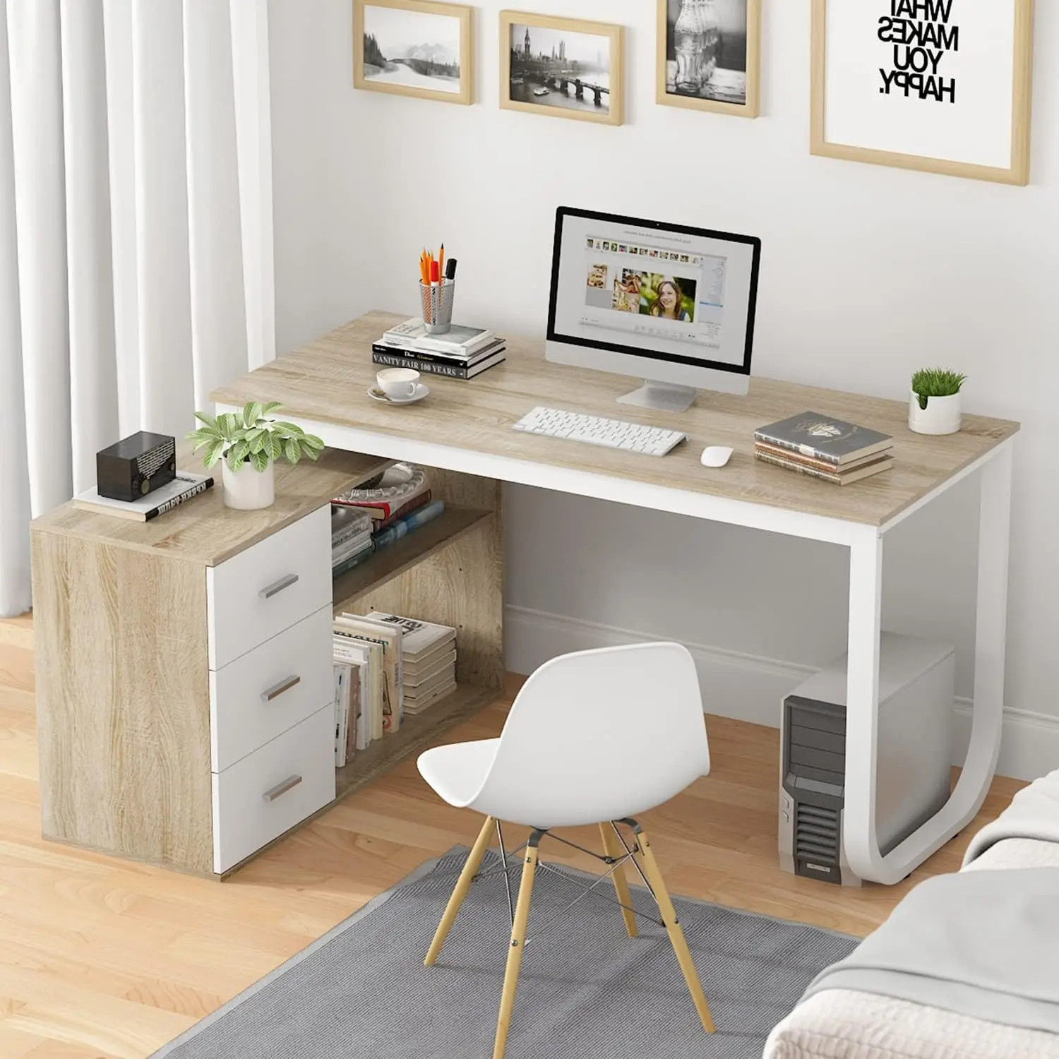 Corner Computer Desk, L Shaped Study Writing Workstation, Home Office Table With Three Drawers And Open Storage Shelves Cabinet, Modern Minimalist Style, Walnut And White, Single Piece