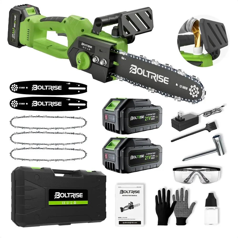 

12 Inch Electric Chainsaw with 2x 4.0mAh Batteries, Auto Oiler, and Security Lock for Efficient Tree Trimming and Wood Cutting