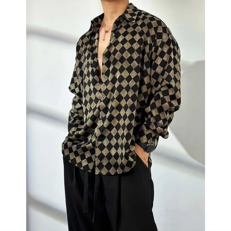 Light Luxury Senior Temperament Retro Fashion Versatile Hipster Geometric Argyle Leisure Men's Sexy Shirt Spring Autumn 2024