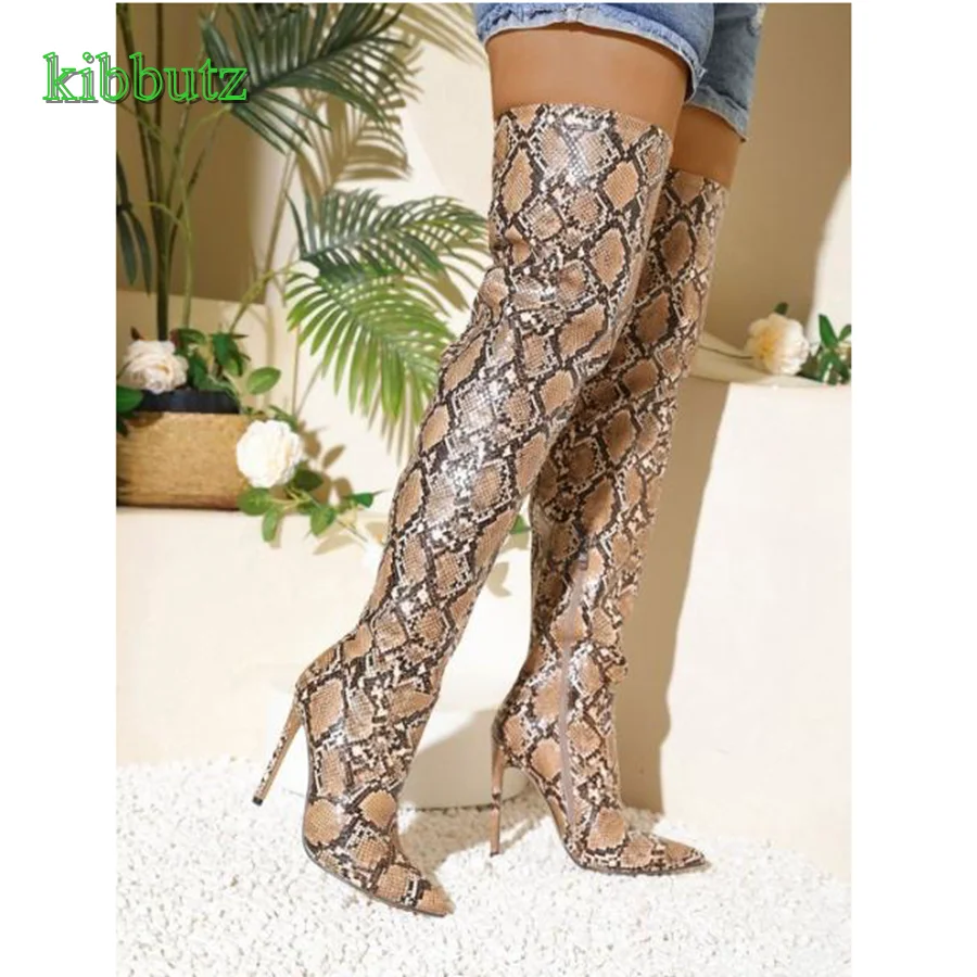 Snake Print Leather Over The Knee Boots,Pointed Toe Stiletto Women Shoes Side Zip Long Boots Autumn 2023 New Zapatos Para Mujere