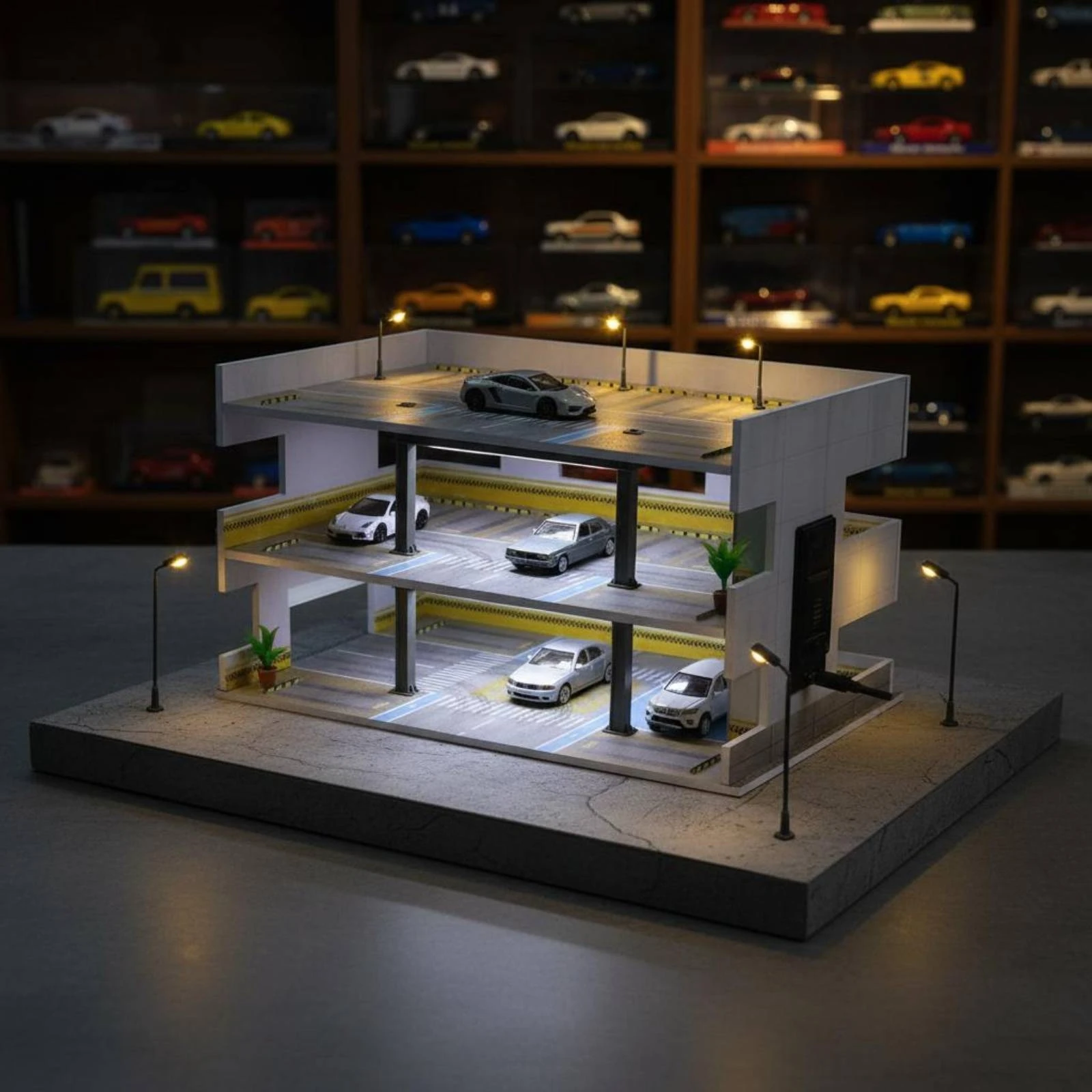 1:64 Parking Garage Miniature Scene Printed Signage Japanese Parking Garage Scene Lighting Function Type-C Port