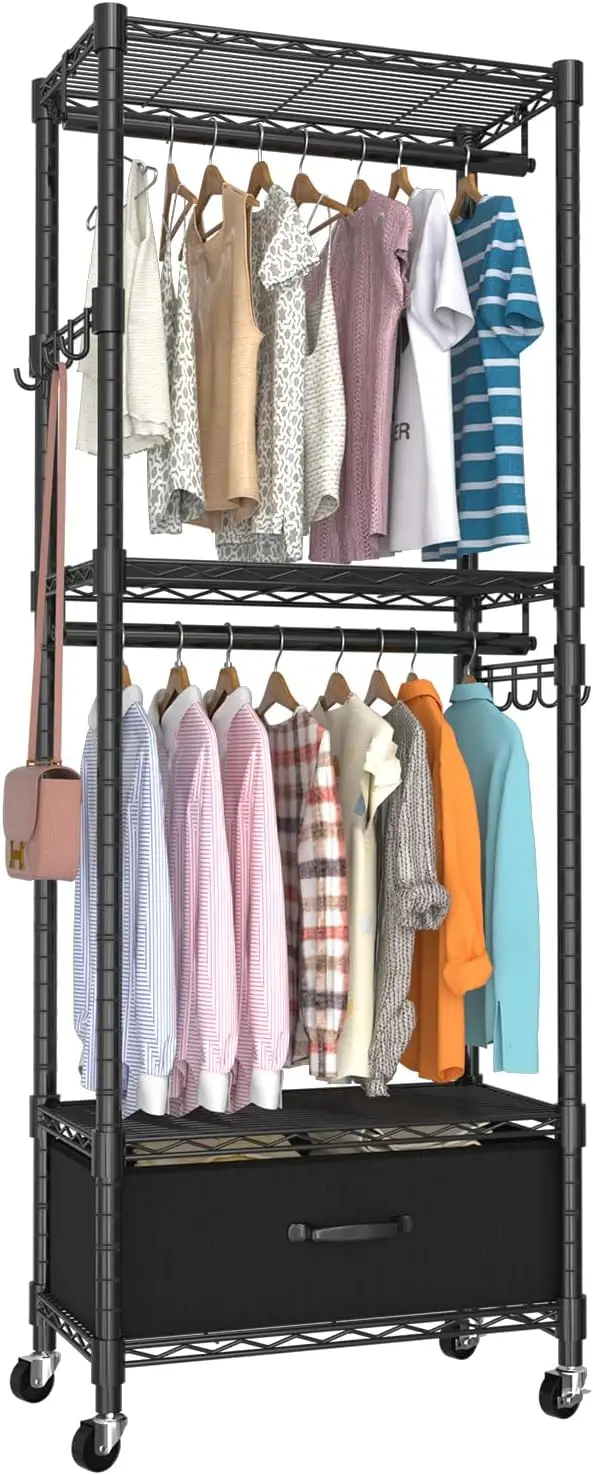 

Clothes Rack, Clothing Rack for Hanging Clothes, 4 Tiers Adjustable Closet Organizer System with Drawer | Double Rods | Side