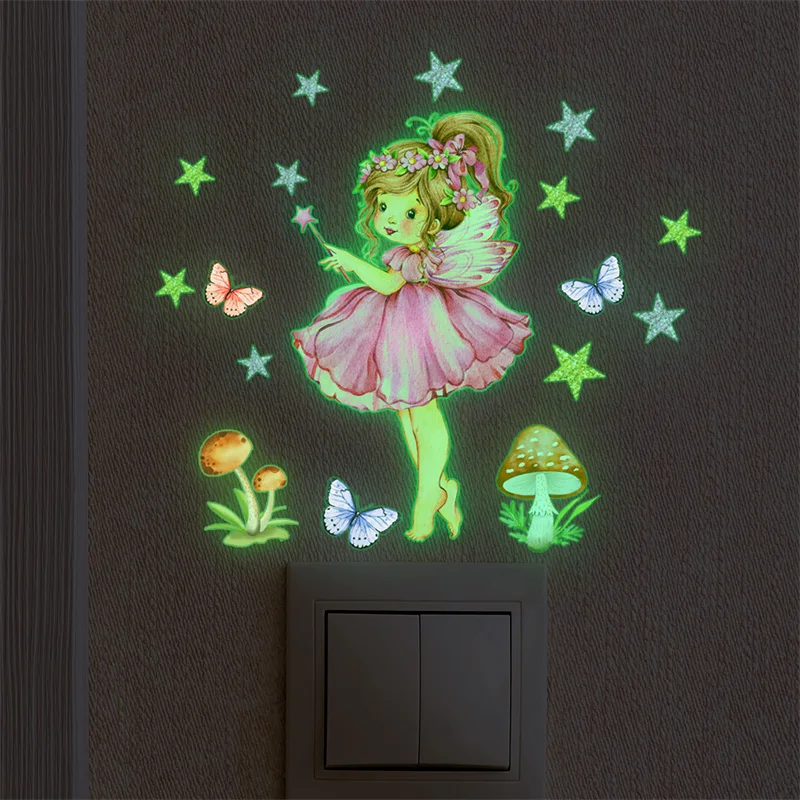 Luminous Fairy Elf Mushroom Butterfly Wall Stickers for Kids Room Girls Baby Room Decoration Nursery Fluorescent Stars Wallpaper