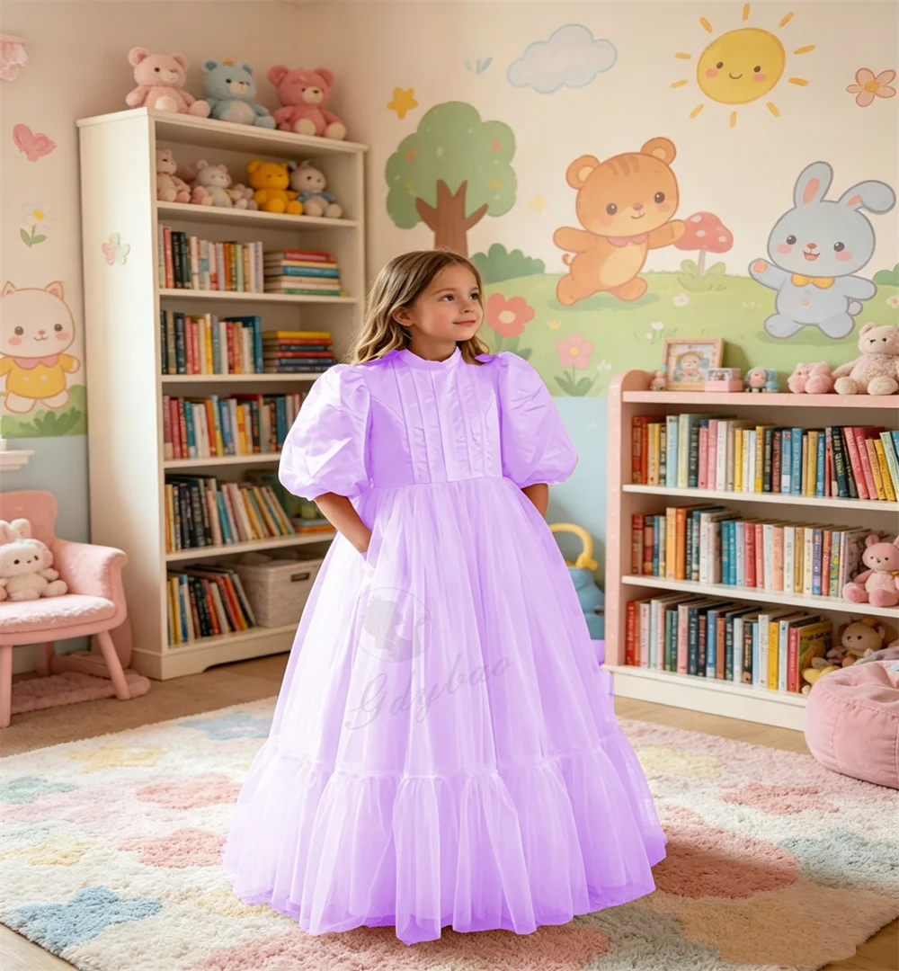 Lavender Elegant Flower Girl Bridesmaid Dress High Neck Lantern Sleeves Wedding Children's Birthday First Communion Dress