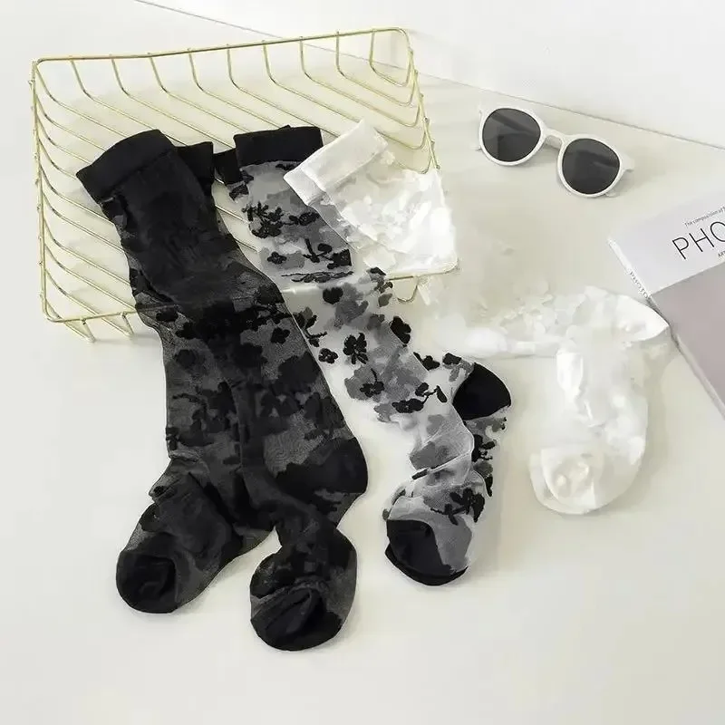 Summer Ultra-thin Transparent Nylon Long Socks Stockings Japanese Fashion Flower Knee Socks Vintage Crystal Silk Socks Stockings view 2