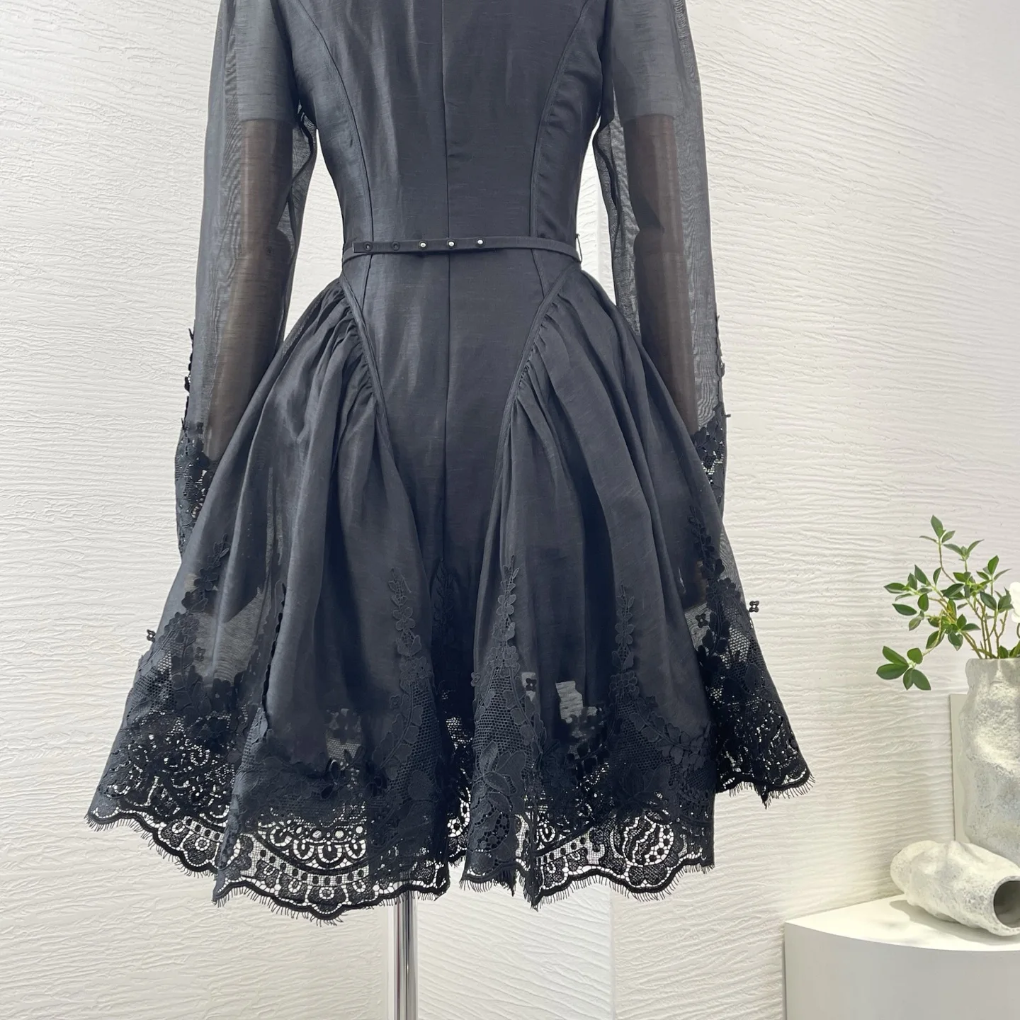 

Spring Summer Black Long Sleeve Lace Patchwork Mini Dress High Quality