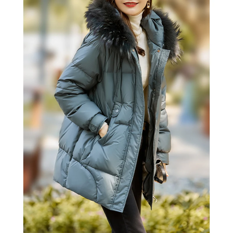 Vimly Very Warm Big Fur Collar Down Jacket Women Thick White Duck Down 90% Loose Hooded Coat Female Overcoat Clothing 50327