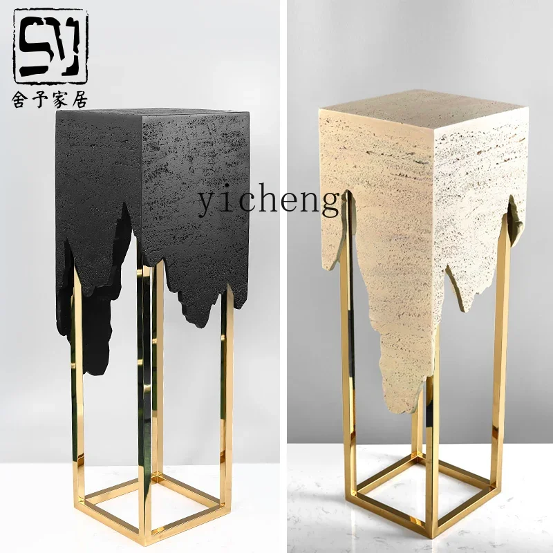 BB  marble pedestal sculpture table, floor-to-ceiling entrance next to living room TV cabinet, light luxury ornament base