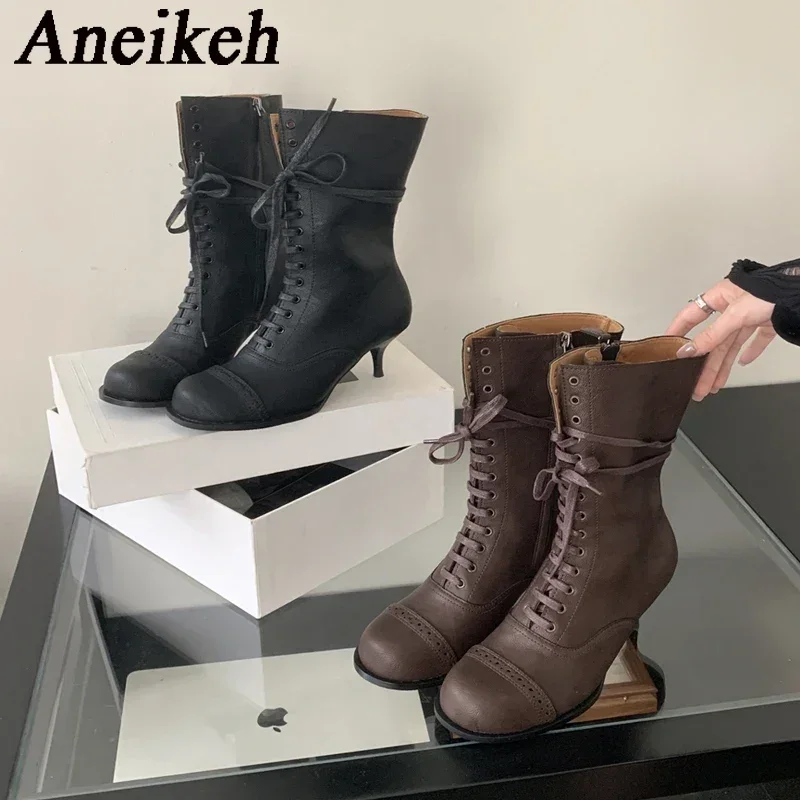 Aneikeh 2024 New Round Head Short Boots Comfortable Strap Pole Dance High Heels Pumps  cowboy boots Black brown