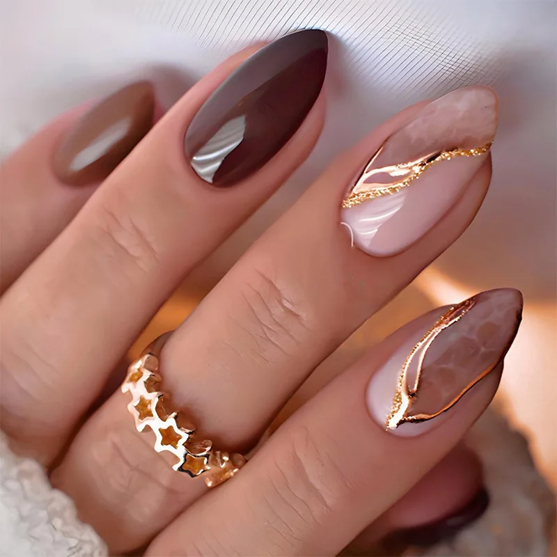 

24PCS Simple Almond Wearable Press on Nails with Marble Lines Pattern Gradient Gold Fake Nail Glue Full Cover Manicure Ins Tools