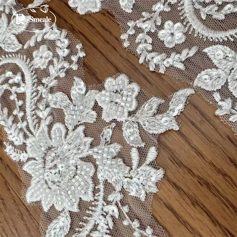 3 Yards hochwertiger weißer Perlenstickerei-Spitzenkopfschleier, Hochzeitskleid, dekorative Accessoires, handgefertigte Spitze zum Selbermachen – Detail 3