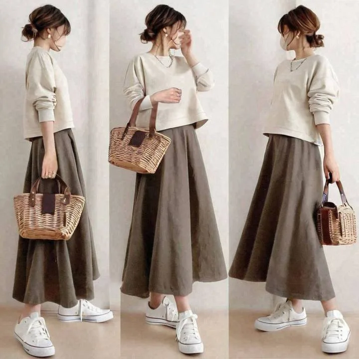 

3 Colors 2025 Spring New Set Women Round Neck Long Sleeve Top + High Waist Skirt Two Piece Set