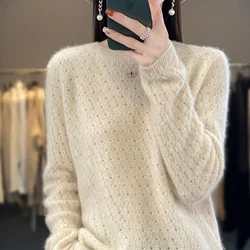 Jesień / zima Nowy sweter ze 100% czystej wełny Casual Solid Color Knit Blouse Round Neck Hollow Tops Loose Fashion Ladies Pullover