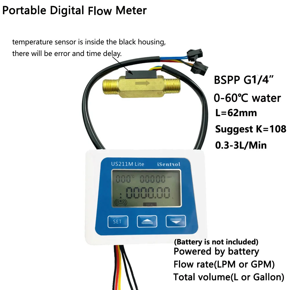 

US211M Lite USC-HS41TA 0.5-3.5LPM Digital Flow Meter 5V Flow Reader Compatible with all our hall effect water flow sensor& temp