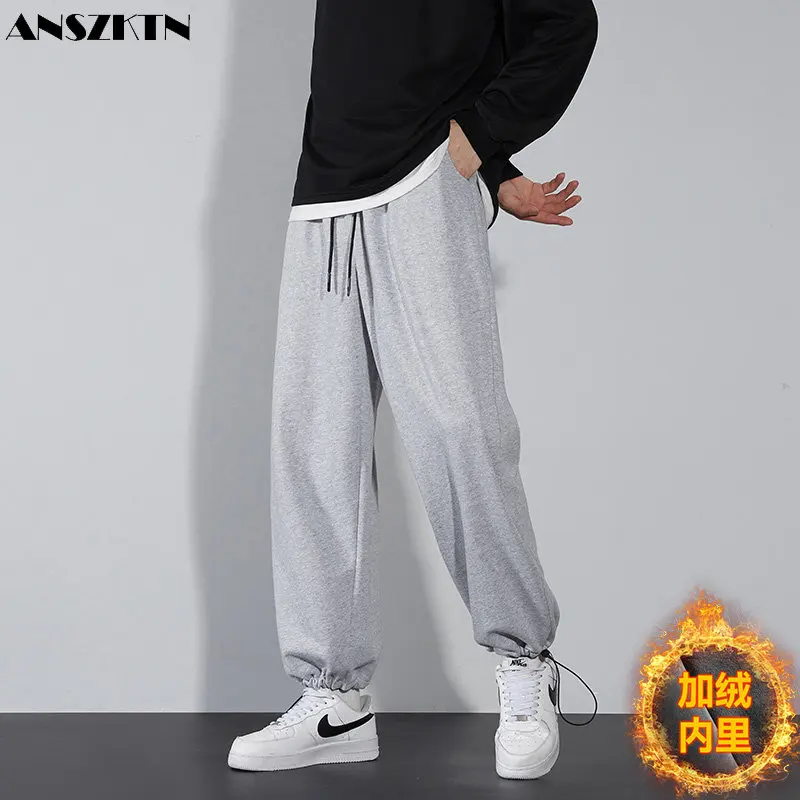 ANSZKTN New winter nine minutes casual men sports plus fleece thick loose trend pants