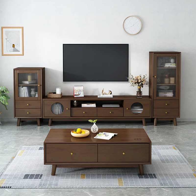 Nordic all-solid wood TV cabinet coffee table combination modern simple household living room floor cabinet small apartment