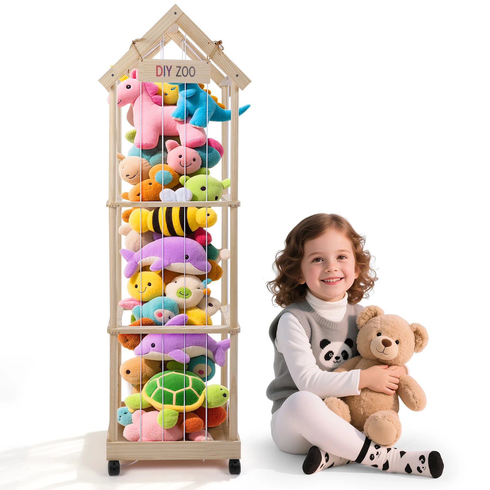 Stockage de jouets en peluche en bois, rangement de jouets en peluche avec 360 °   Roues équipées de frein, 145 x 47 x 35 cm, rangement de jouets en peluche pour salle de jeux