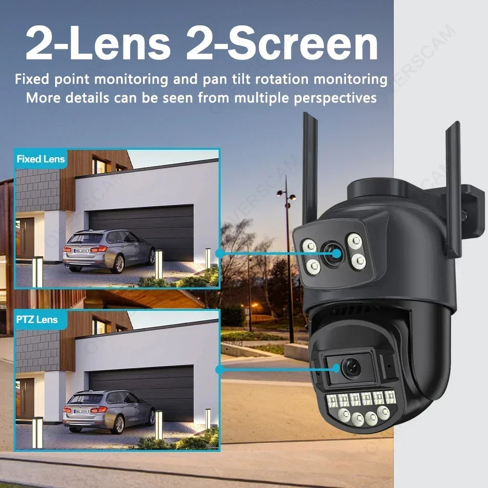 كاميرا IP 10 ميجابكسل واي فاي PTZ عدسة مزدوجة 5K 2.4/5G كاميرا مراقبة خارجية تتبع تلقائي اللون للرؤية الليلية حماية 8 ميجابكسل