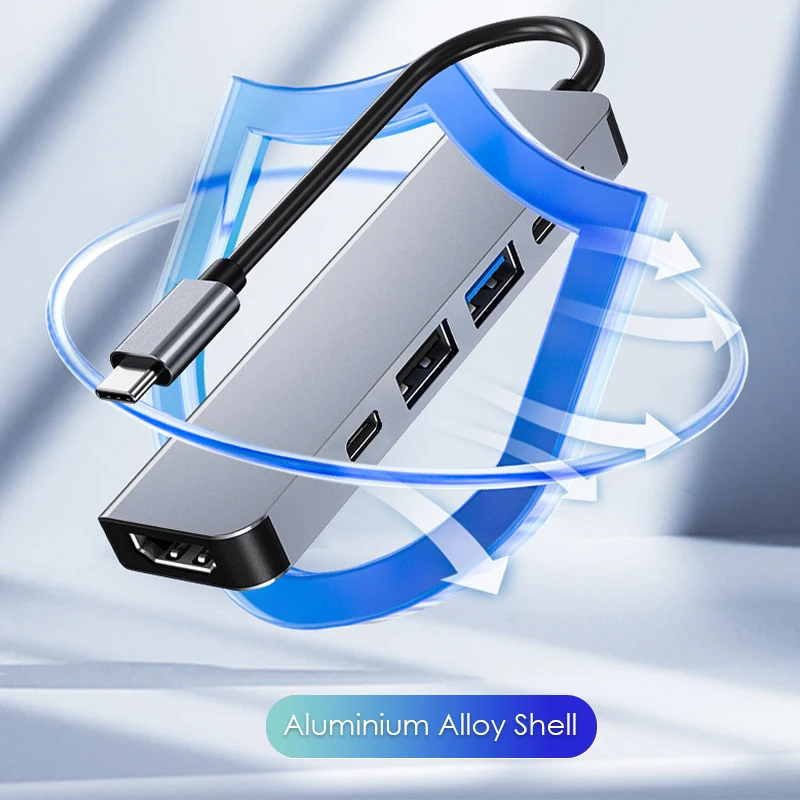 5 in 1 ประเภท C USB 3.1 ถึง 4K @ 30Hz HDTV PD 100w 5Gbps USB3.0/2.0 พอร์ตอลูมิเนียม Hub USB-C ข้อมูล Sync OTG สําหรับ Macbook แล็ปท็อป