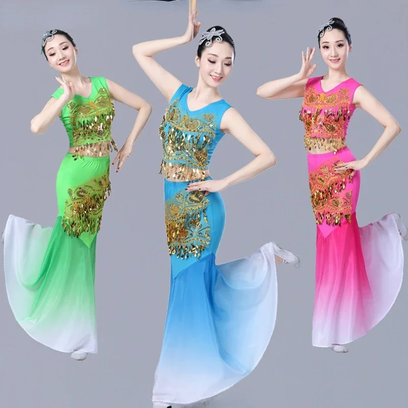 

Dai Peacock Dance Costumes Female Fishtail Skirt Traditional Folk Chinese Peacock Stage Performance Clothing Festival Outfit