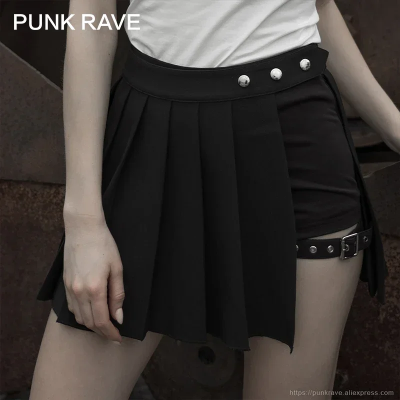 

PUNK RAVE Women's Punk Fake Two Plaid Tied Rope Pleated Half Skirts Knit Warm Irregular Hem Personality Casual Women Mini Skirt