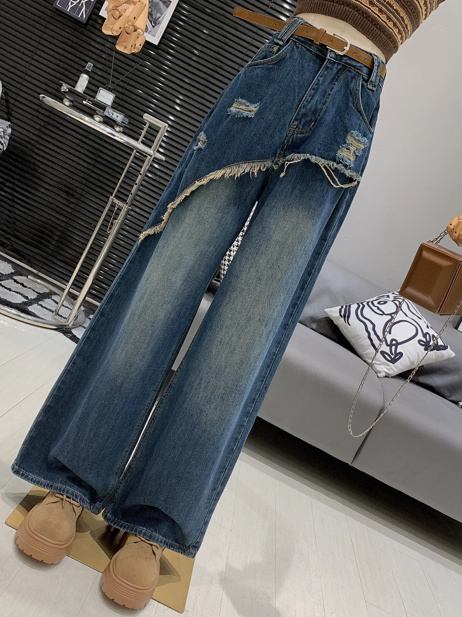 American Personality Retro Fringed Denim Pants High Waist Fashion Versatile Ripped Hole Loose Denim Straight Leg Wide Leg Pants