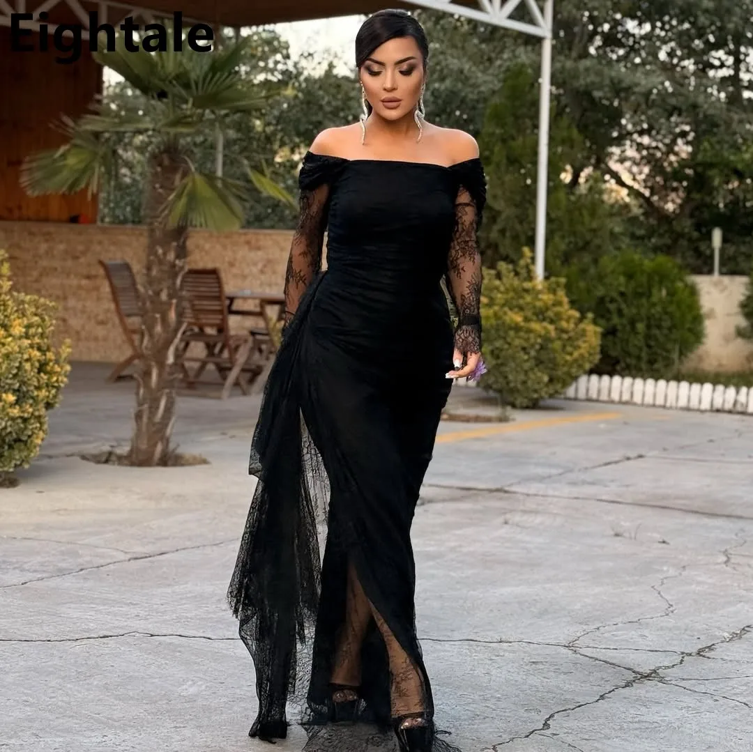 

Eightale Black Mermaid Lace Long Sleeve Evening Dress Off Shoulder Prom Party Dress Saudi Women Dubai Formal Gowns Customized