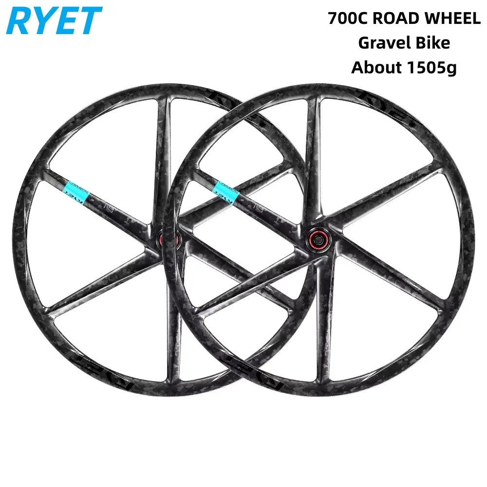 RYET 700C 6-Spoke Carbon Gravel Bike Wheelset Aero Tubeless Ready 1505g  Bicycle Wheels with Ceramic 24mm Ratchet Hub