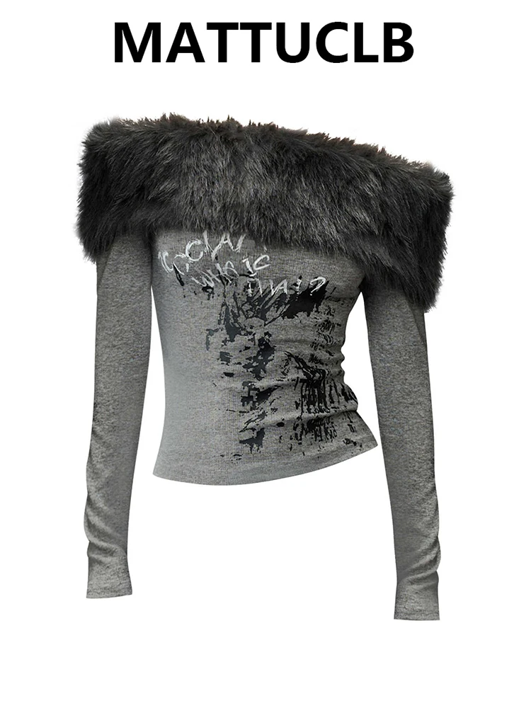 

Women's Crop Top Faux Fur Patchwork Goth Dark Academia Japanese Y2k Long Sleeve Design T-Shirts Korean Fashion Tees 2000s New