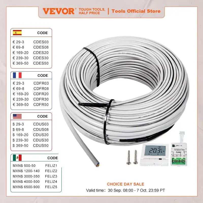 VEVOR Floor Heating Cable 10.7 - 166.7 Square Ft Waterproof Insulated Heat Cable w/Temperature Control Panel Rapid Heating Wires