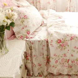 Pastoral Rose Print Bedding Set Ruffle Duvet Cover Princess Quilt Cover Wrinkle Bedspread Bed Sheet Skirt Bedroom Bedding Gift